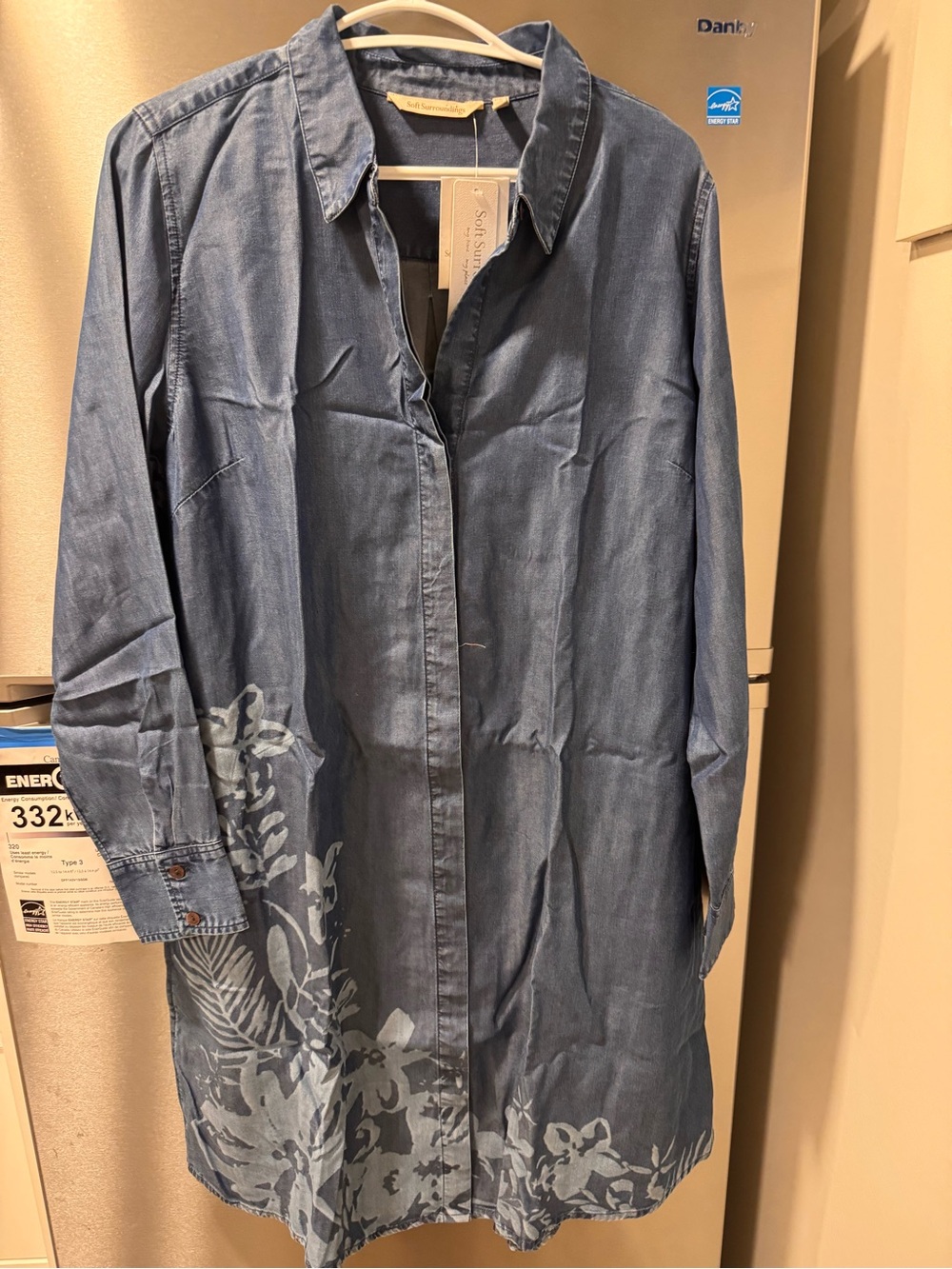 Soft Surroundings Blue Denim-Style Button Down Shirt with Floral Hem